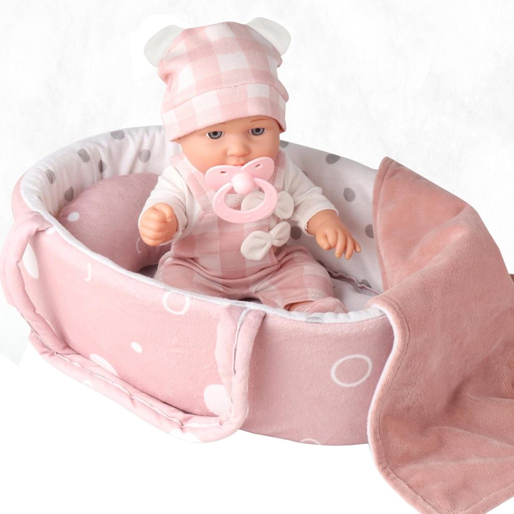 Lalka bobas w nosidełku z czapeczką z uszami niemowlak 30cm