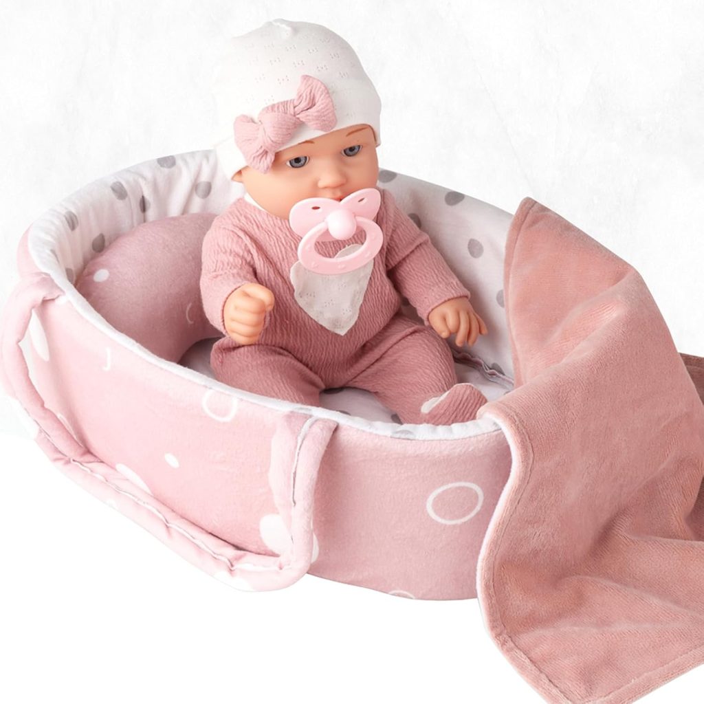 LALKA BOBAS W NOSIDEŁKU Z CZAPECZKĄ Z KOKARDKĄ NIEMOWLAK 30CM