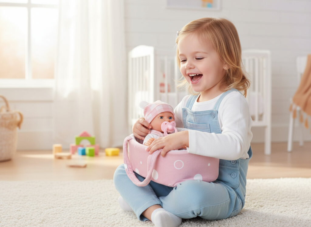 Lalka bobas w nosidełku z czapeczką z uszami niemowlak 30cm — widok 7