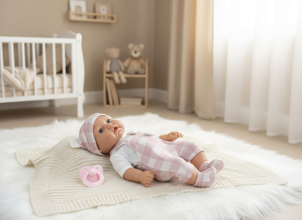 Lalka bobas w nosidełku z czapeczką z uszami niemowlak 30cm — widok 4