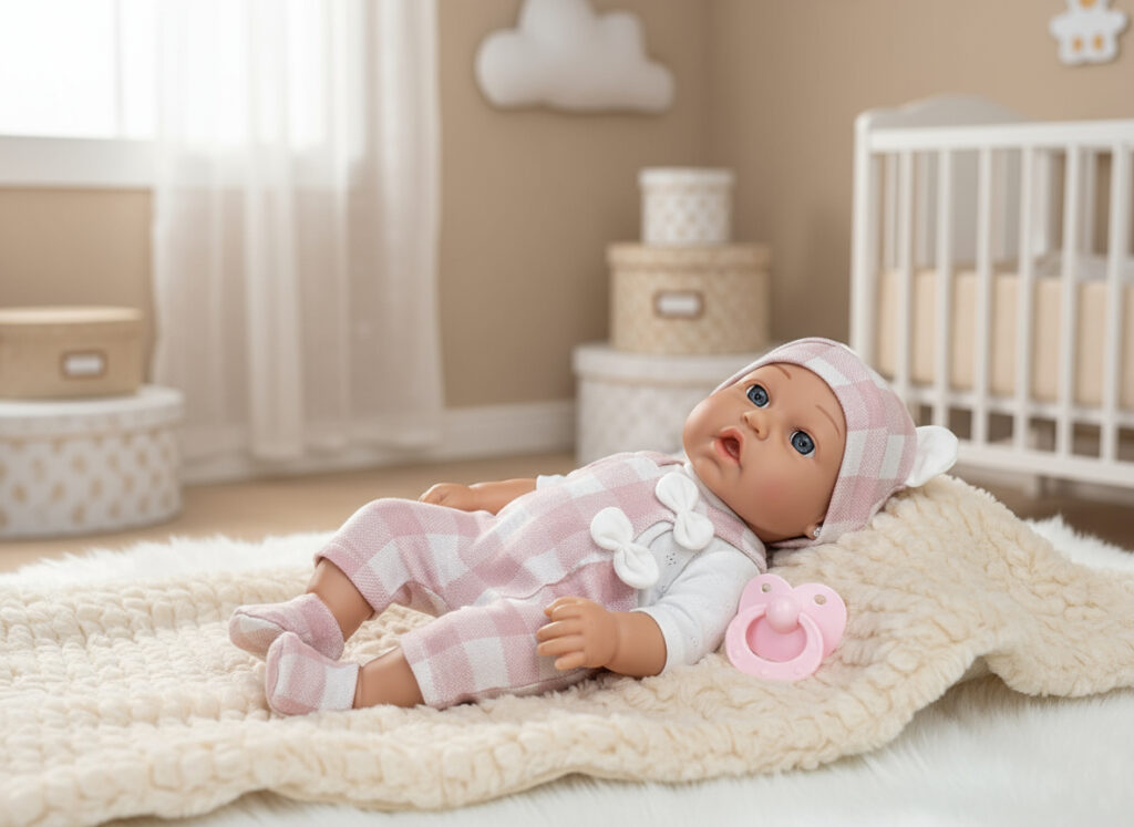 Lalka bobas w nosidełku z czapeczką z uszami niemowlak 30cm — widok 2