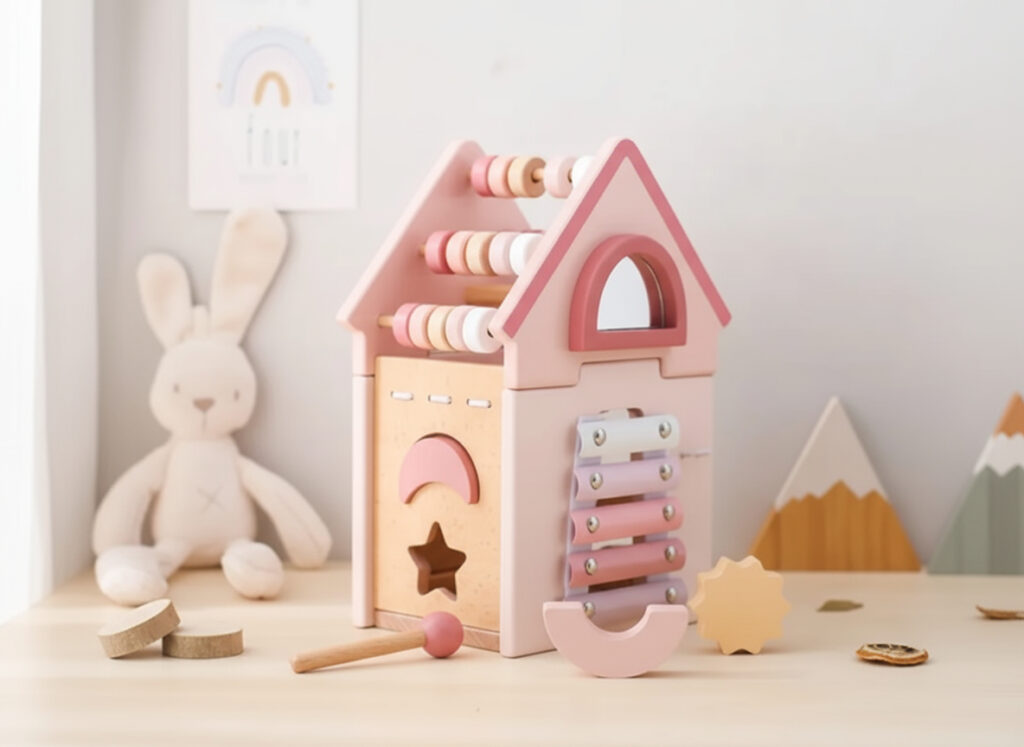 Drewniana edukacyjna kostka manipulacyjna różowy domek – zdjęcie 2