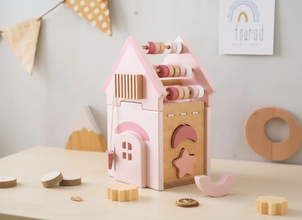 Drewniana edukacyjna kostka manipulacyjna różowy domek