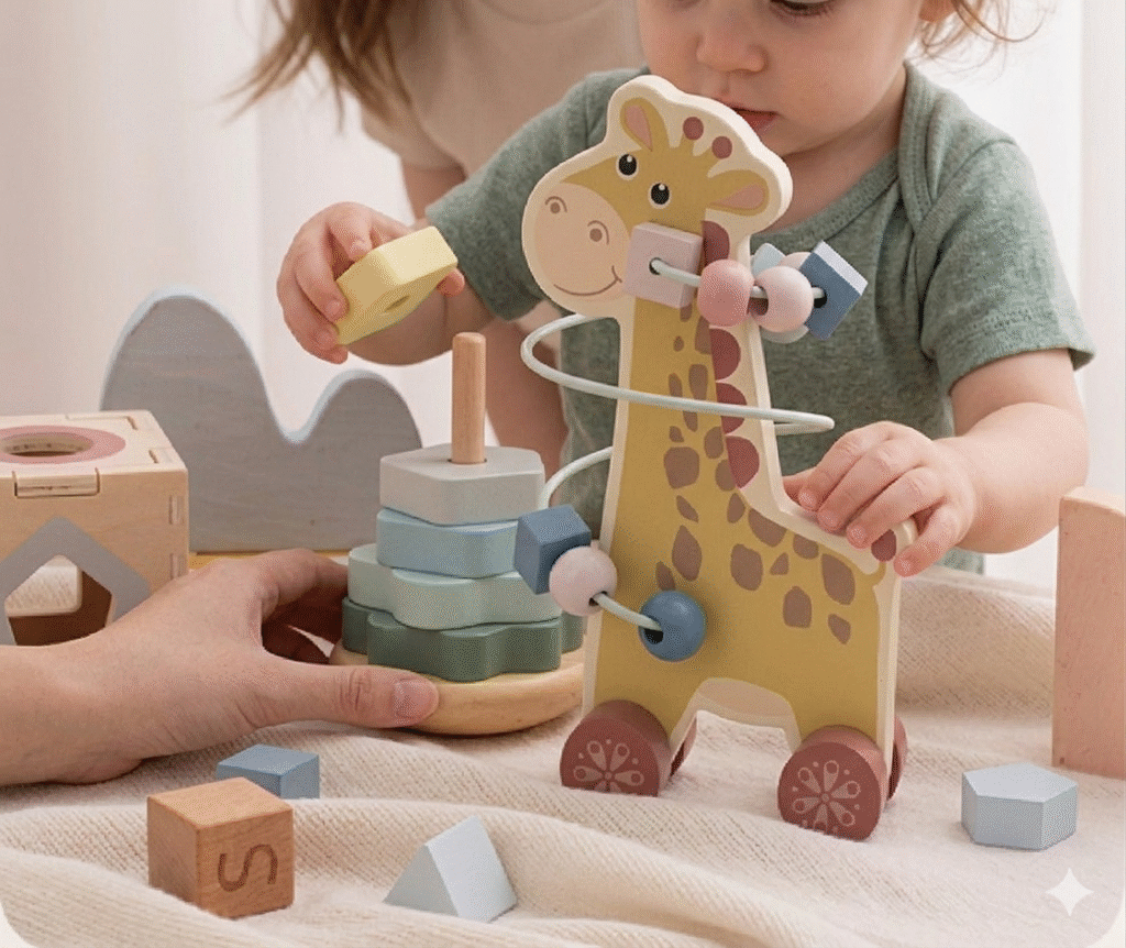 Drewniany zestaw edukacyjny 3w1 – żyrafa, sorter, wieża montessori XXL — widok 3