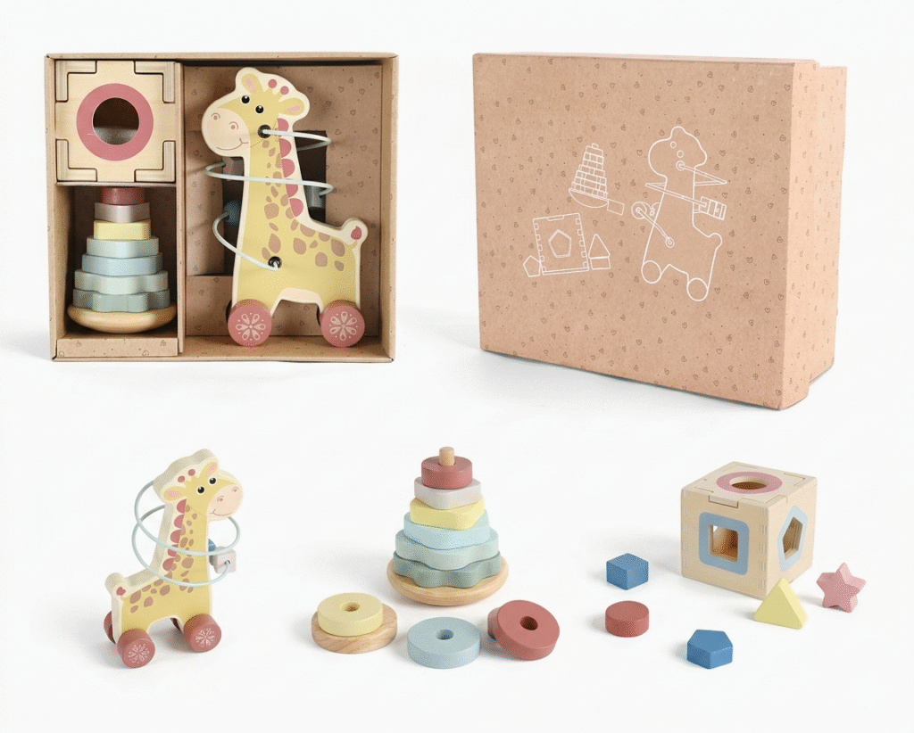 Drewniany zestaw edukacyjny 3w1 – żyrafa, sorter, wieża montessori XXL — widok 7