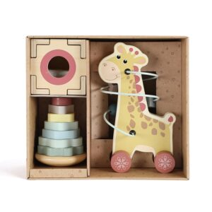 Drewniany zestaw edukacyjny 3w1 – żyrafa, sorter, wieża montessori XXL