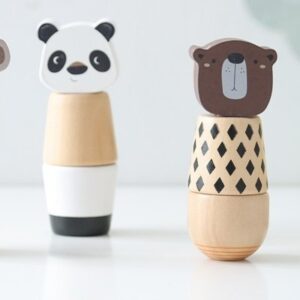 Drewniane figurki zwierząt: panda, miś, małpka i tygrys – zdjęcie 1