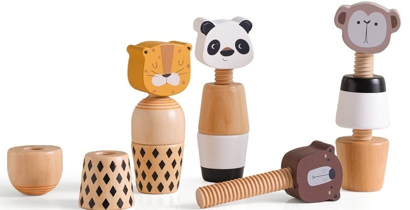 Drewniane figurki zwierząt: panda, miś, małpka i tygrys – zdjęcie 2