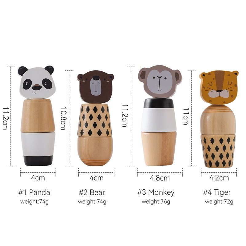 Drewniane figurki zwierząt: panda, miś, małpka i tygrys – zdjęcie 3